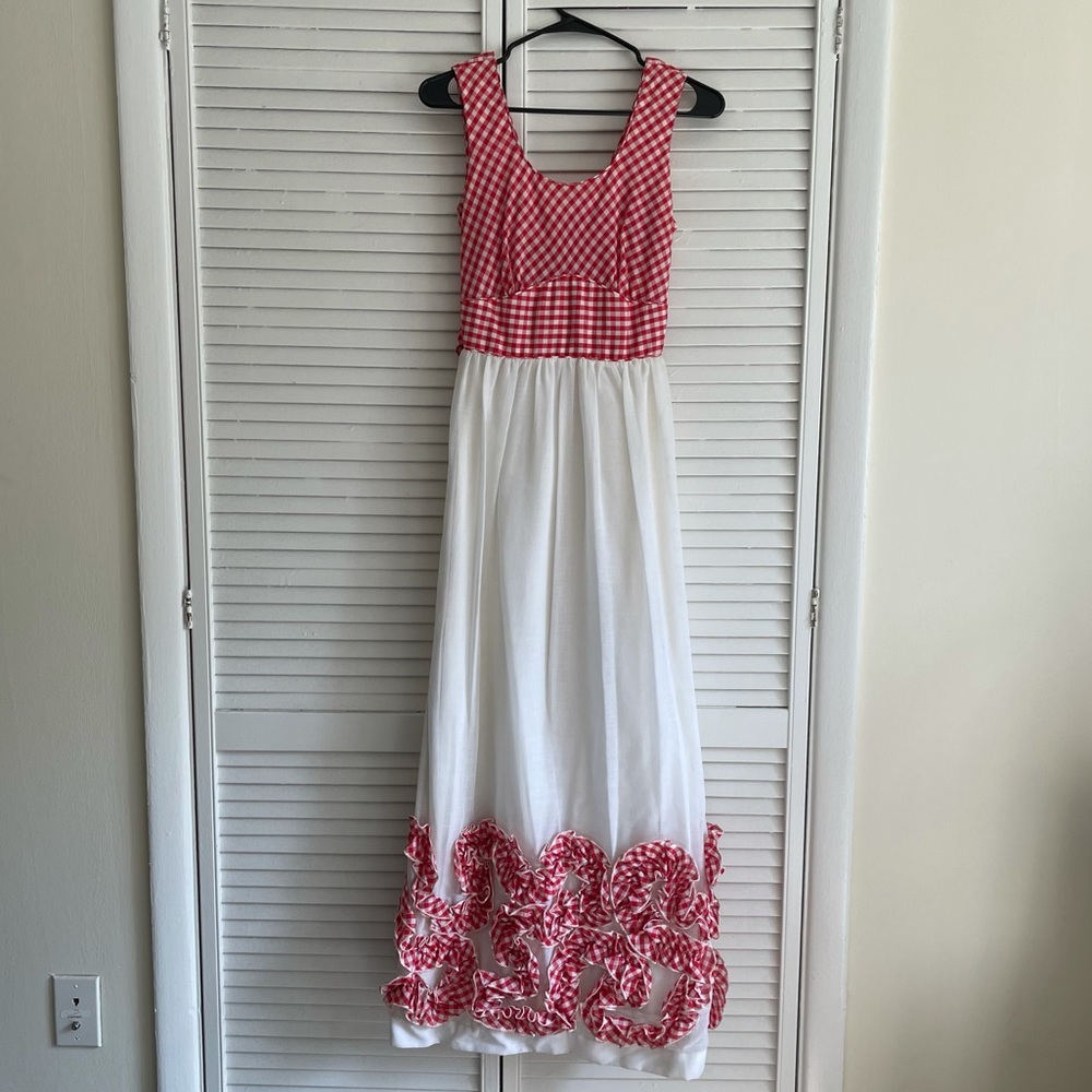 1970s Candi Jones California Vintage Red and White Gingham Maxi Dress
